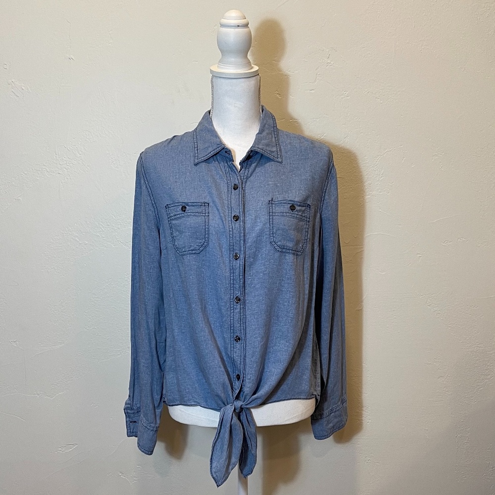 Sandra Ingrish Chambray Tie Front Button Down - image 1